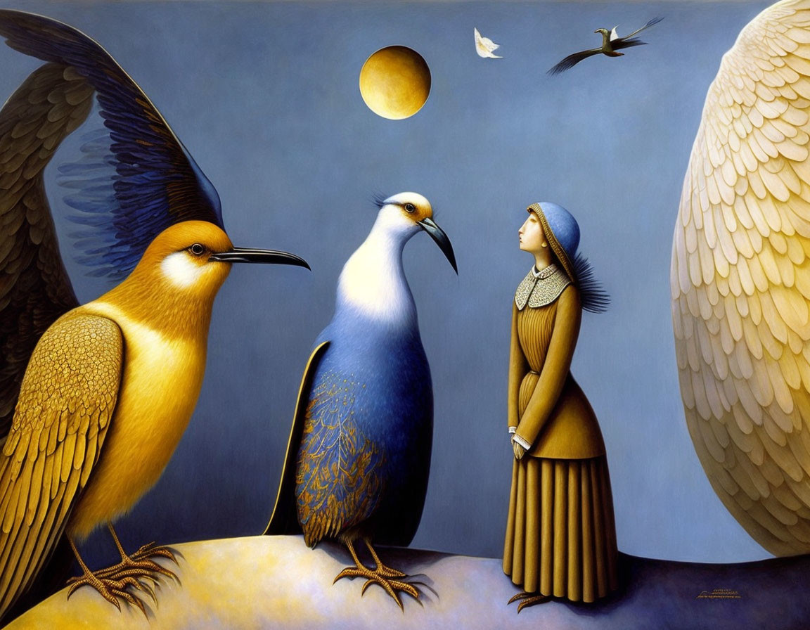 Surreal painting of birds and woman under moonlit sky