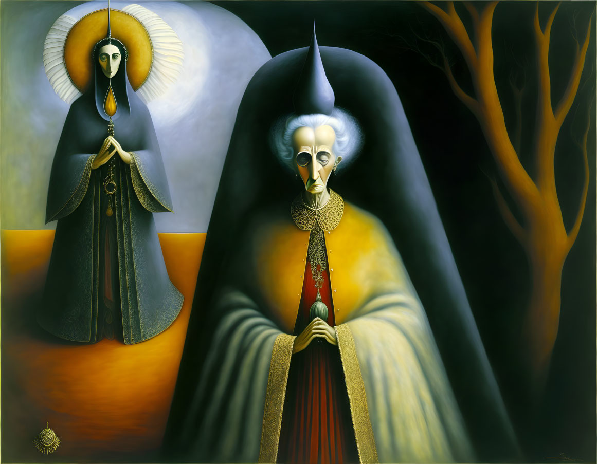 Surreal painting: humanoid figures with sun halo and conical hat in barren tree setting