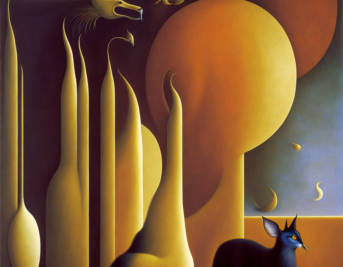 Surrealist artwork: elongated figures, blue cat, orange sphere, geometric background