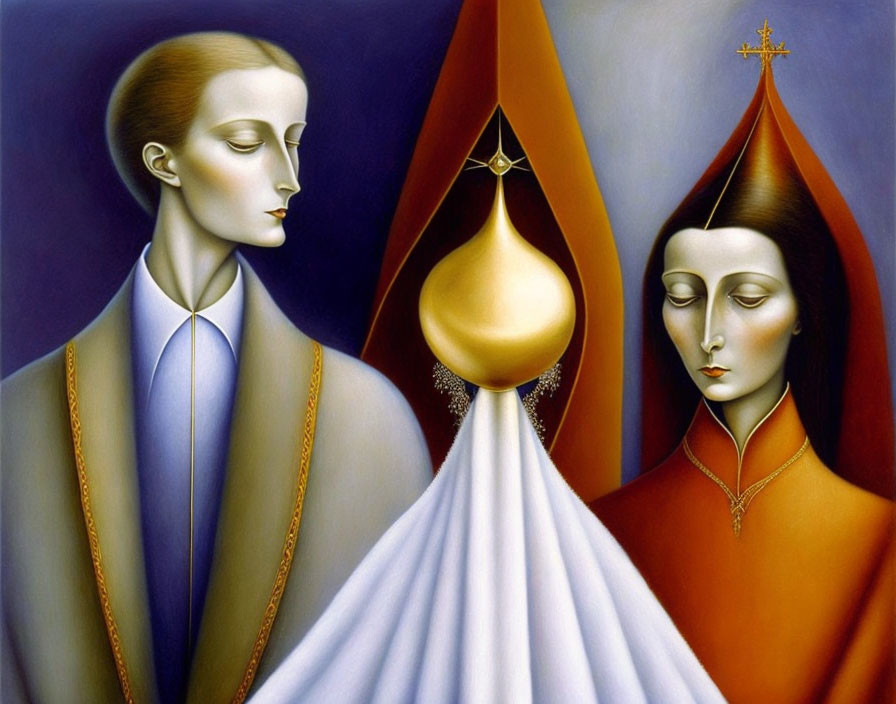 Surrealistic portrait of two figures with elongated necks and stylized facial features in elegant