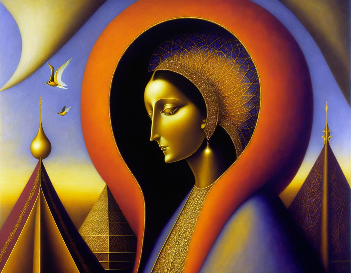 Colorful painting of stylized woman with elongated neck, arch, abstract designs, and birds for