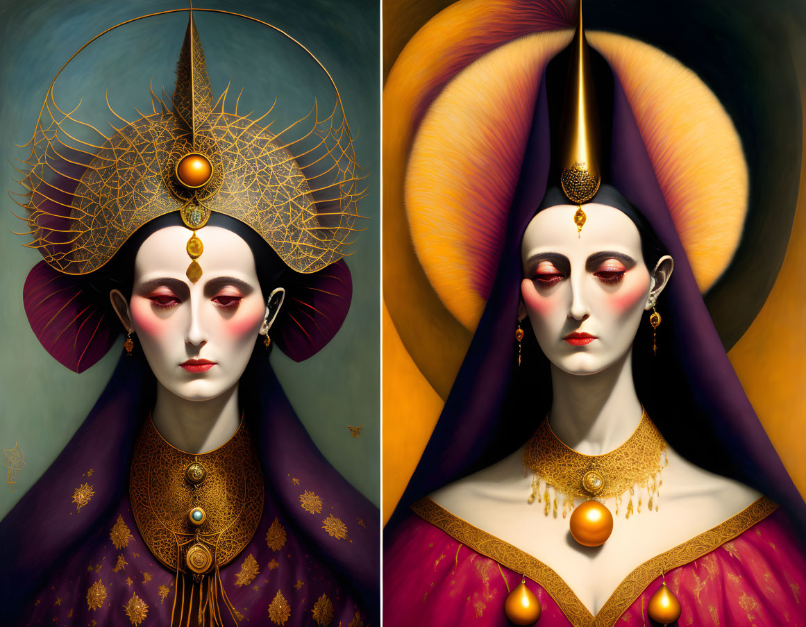 Stylized digital artwork of regal figure with elaborate headdress and golden jewelry