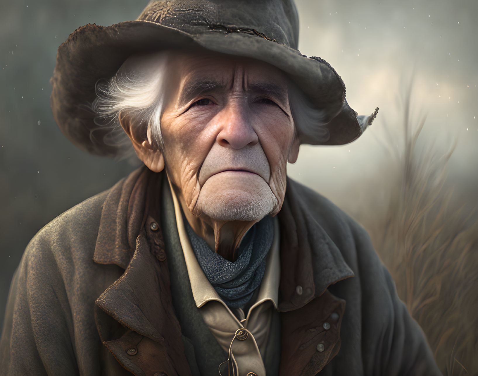 Elderly person in brown hat, jacket, blue scarf, against misty backdrop