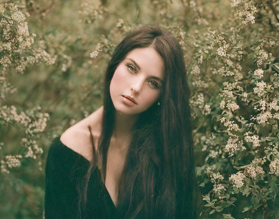 Woman with Long Dark Hair Surrounded by Blooming Shrubs