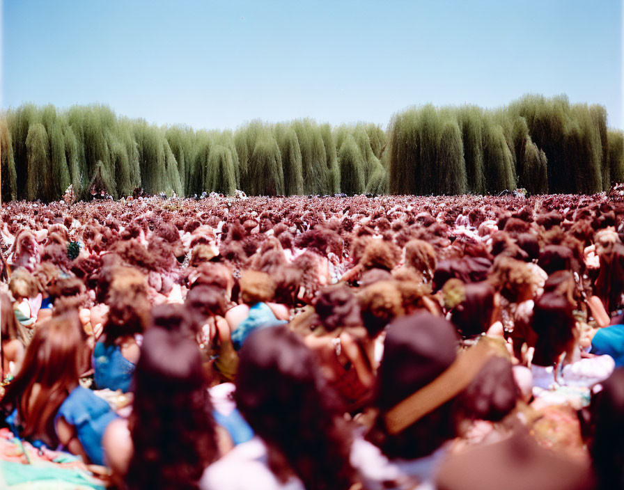 Crowded outdoor event with people facing away, surrounded by trees under blue sky