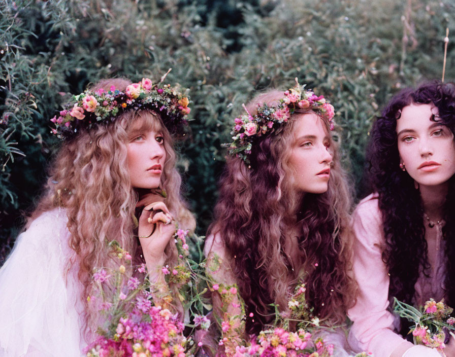 Three Women in Floral Crowns and Ethereal Attire Surrounded by Greenery