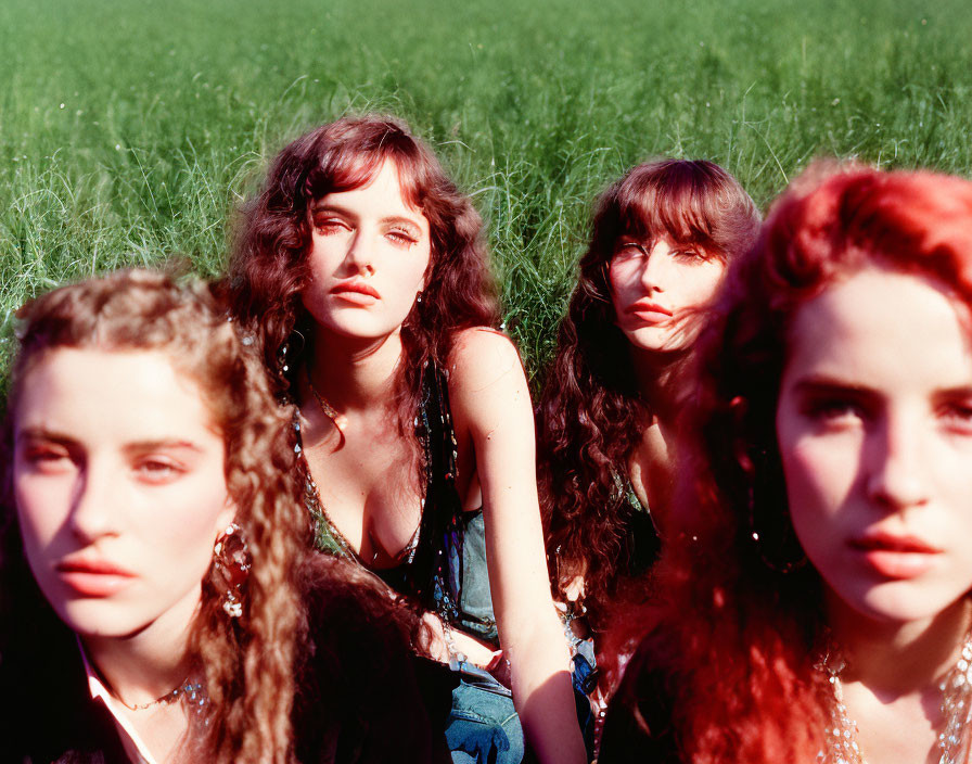 Four Women with Curly Hair Lying on Green Grass in Soft, Warm Light