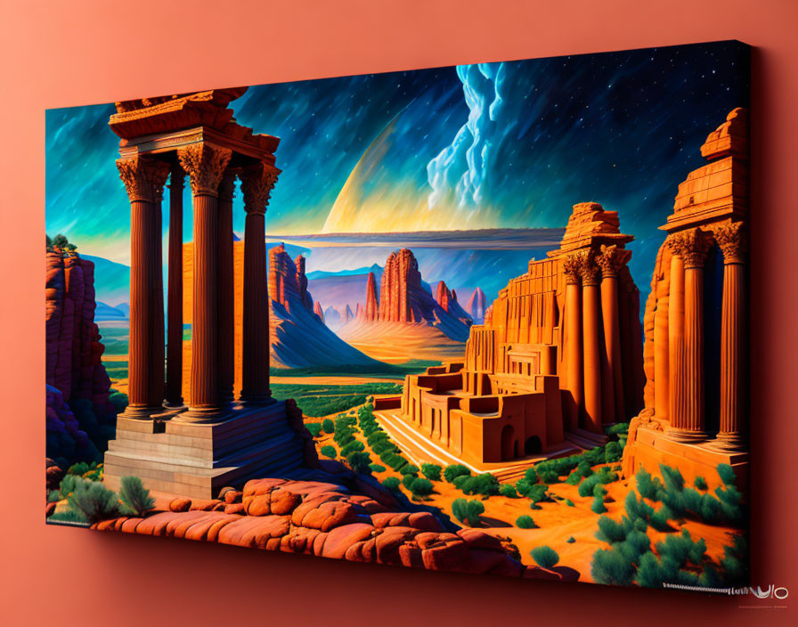 Colorful painting of ancient ruins and temple in desert landscape with towering rocks and star-filled sky