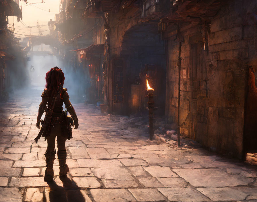 Female warrior in misty medieval alleyway with torches and stone walls