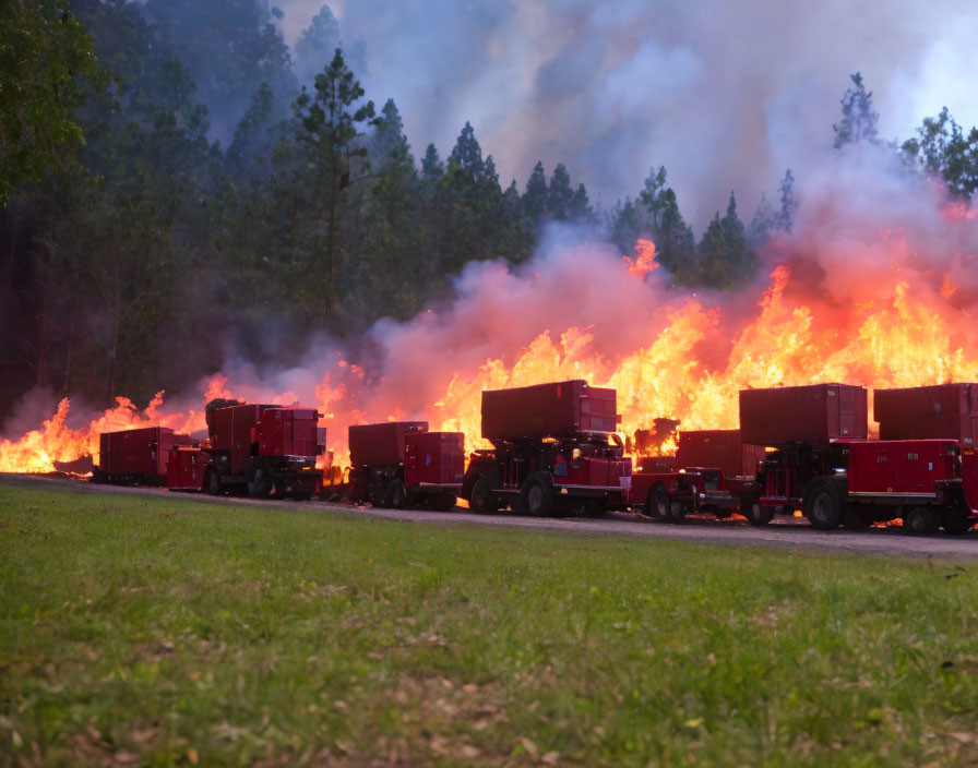 Forest wildfire scene with fire trucks and firefighters battling flames