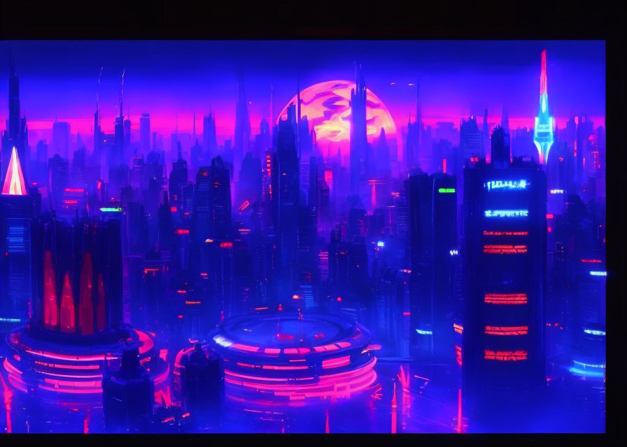 Vibrant neon futuristic cityscape at night with moonrise