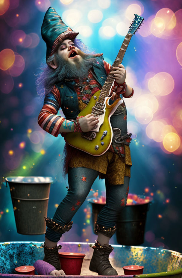 Colorful Bokeh-Lit Background with Gnome Playing Electric Guitar