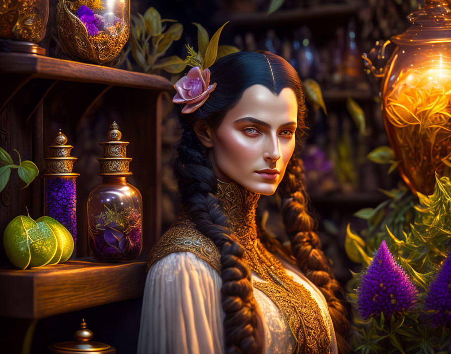 Illustrated woman with braided hair among magical jars and vibrant flora