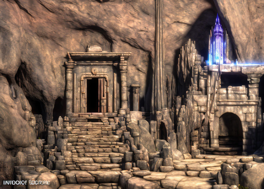 Stone Temple Entrance with Staircase and Glowing Portal in Rocky Cavern