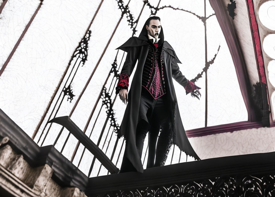 Vampire costume on grand staircase with gothic windows