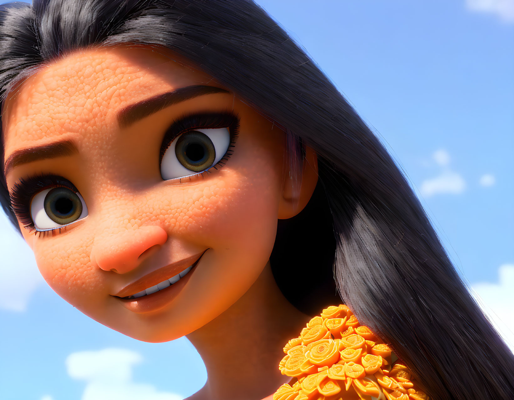 3D animated character with large eyes and orange floral adornment smiling against blue sky