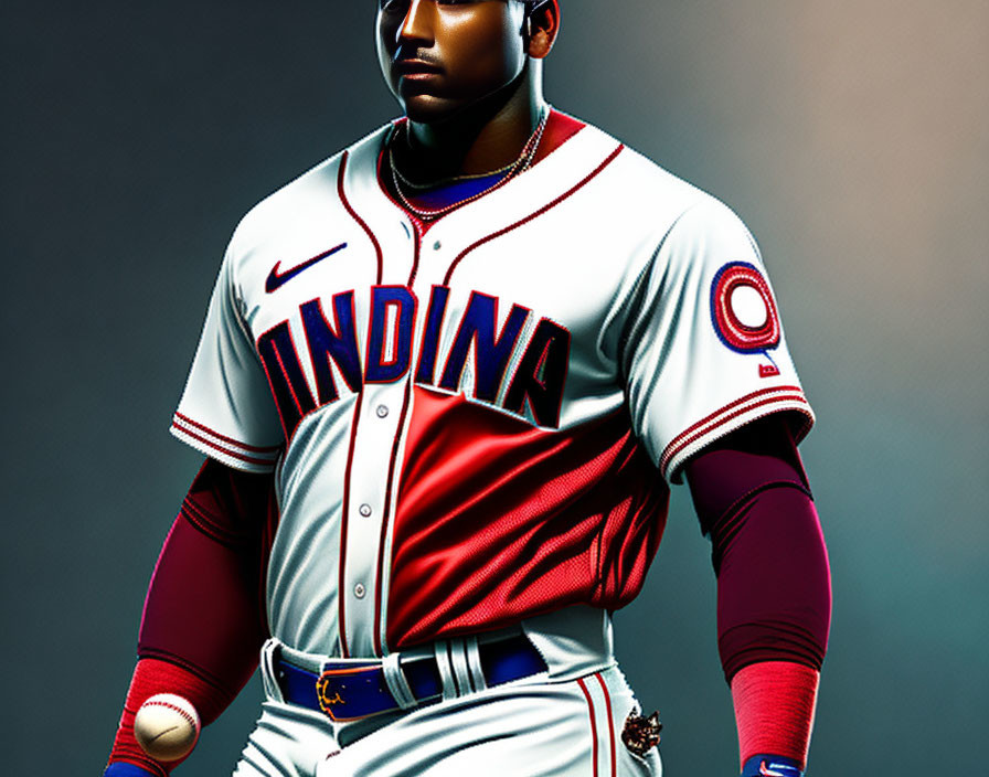 Baseball player in red and white "INDIANA" uniform on gradient background