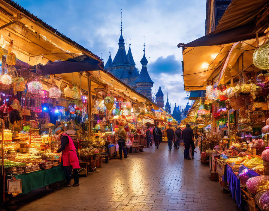 Busy Market Street with Illuminated Lantern Stalls and Traditional Building