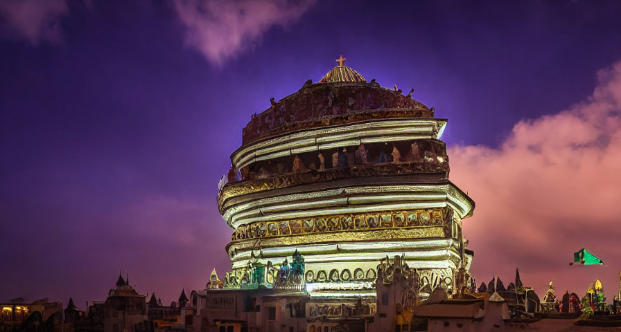 Multi-tiered illuminated temple at twilight with purple-orange sky.