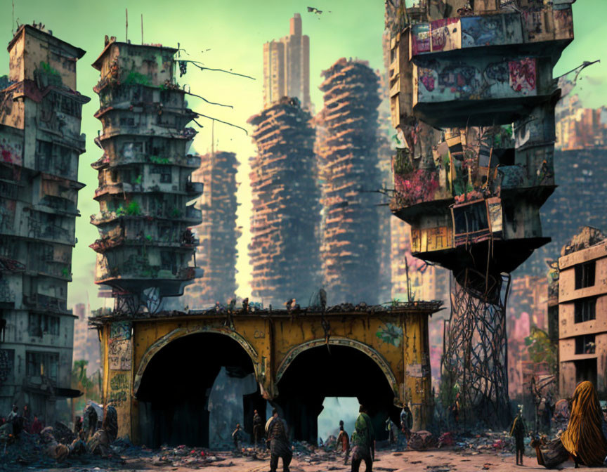 Dilapidated post-apocalyptic cityscape with survivors and overgrown vegetation