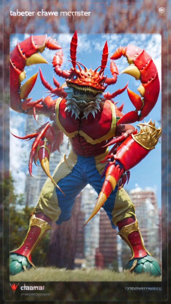 Lobster humanoid in red samurai armor with large claws in urban park