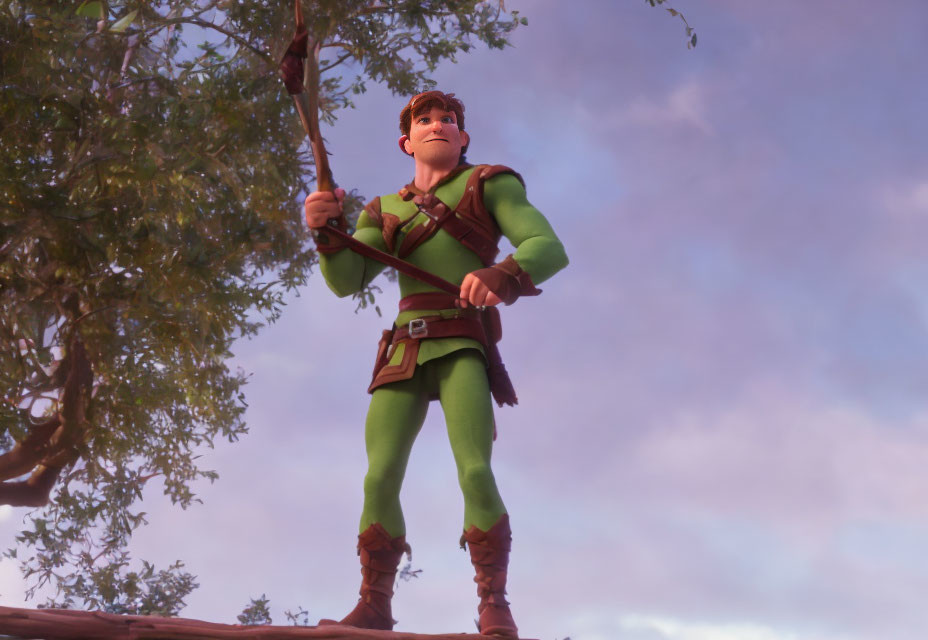 Medieval-themed animated character with bow on tree branch at twilight