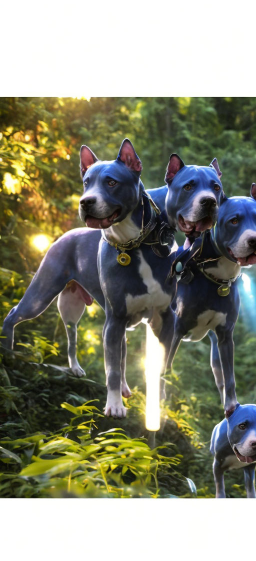 Three Blue American Pit Bull Terriers in Forest Setting