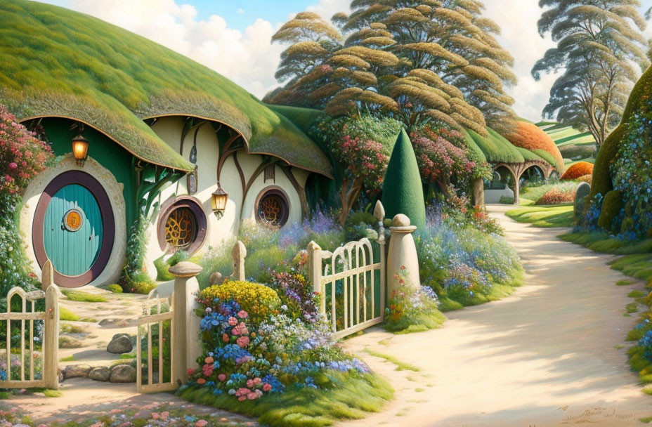 Picturesque countryside with hobbit-style houses and lush gardens