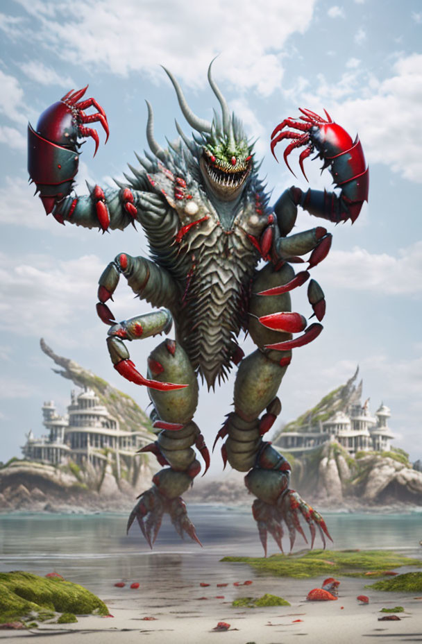 Monstrous crab-like creature with sharp teeth on beach with classical buildings