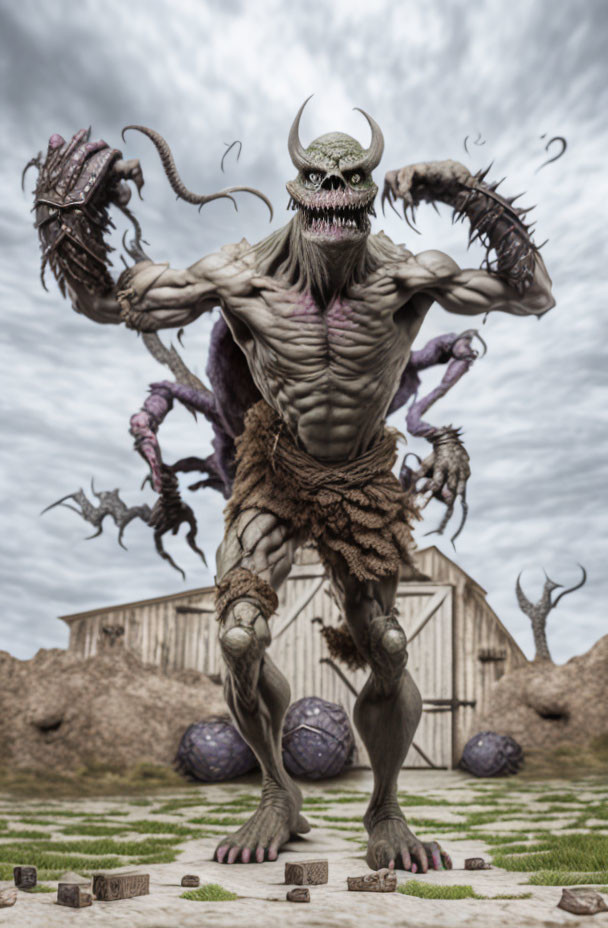Skull-headed creature with horns and tentacles near barn and eggs