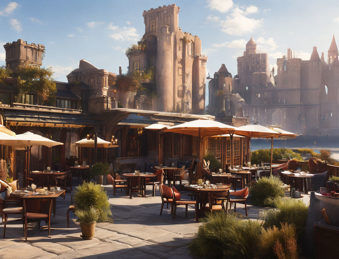 Outdoor Dining Setting with Umbrellas Overlooking Majestic Castle