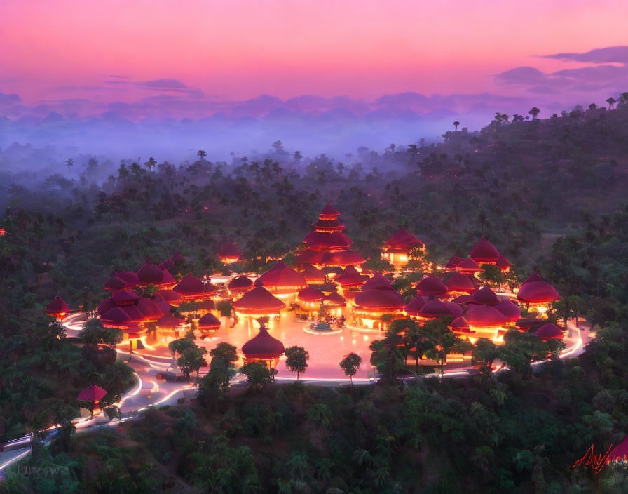 Mystical village with red rooftops in foggy twilight