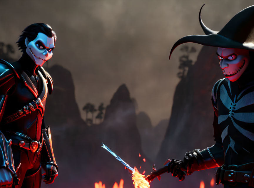 Animated characters in black-red armor and dark cloak with flaming sword in fiery backdrop