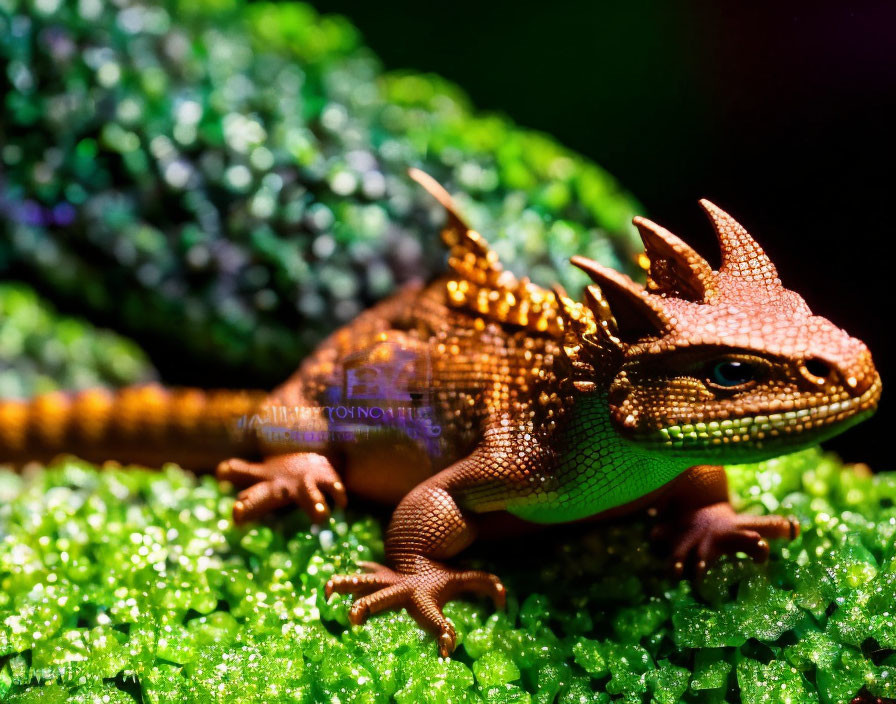 Vibrant orange lizard with spiky crests on green foliage