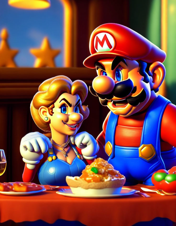 Animated characters dining with spaghetti and wine in cozy setting