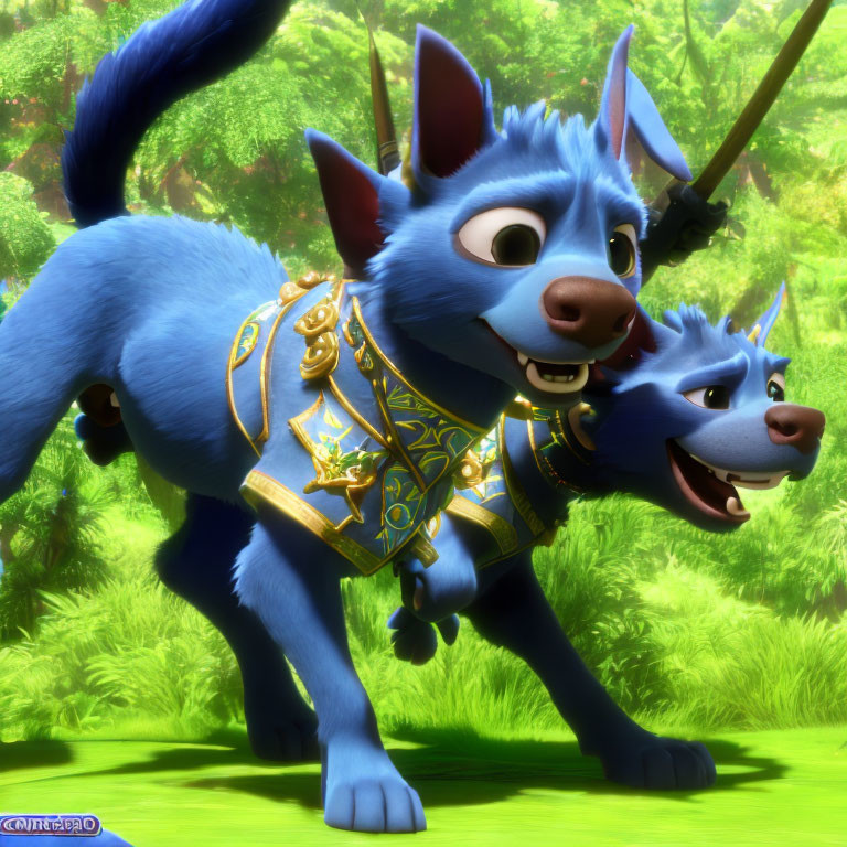 Blue animated dogs in golden harnesses frolic in lush green forest