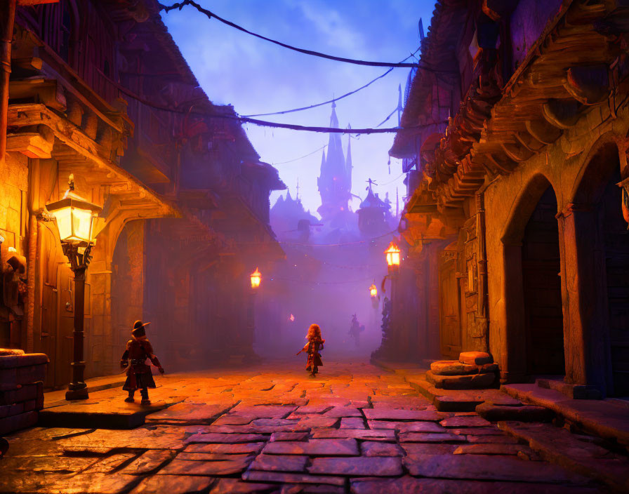 Cobbled street at twilight with period figures and distant castle silhouette