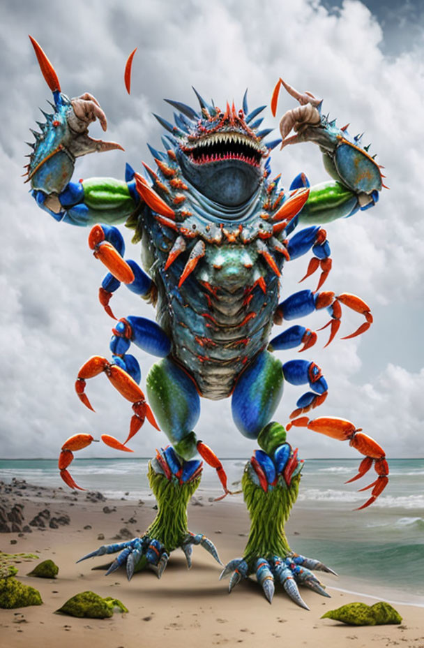 Fantastical creature with crab claws and lobster legs on beach under stormy sky surrounded by flying fish
