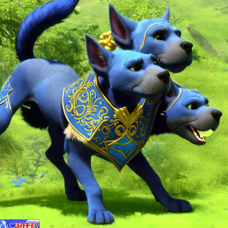 Vibrant blue animated dogs with golden adornments in sunny landscape