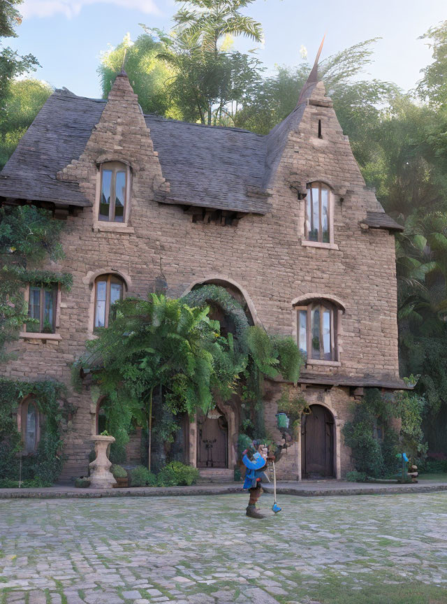 Character with blue shirt and backpack in front of stone house surrounded by greenery