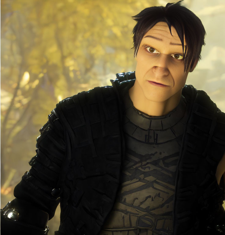 Dark-Haired Male Character in Futuristic Black Armor on Golden Background