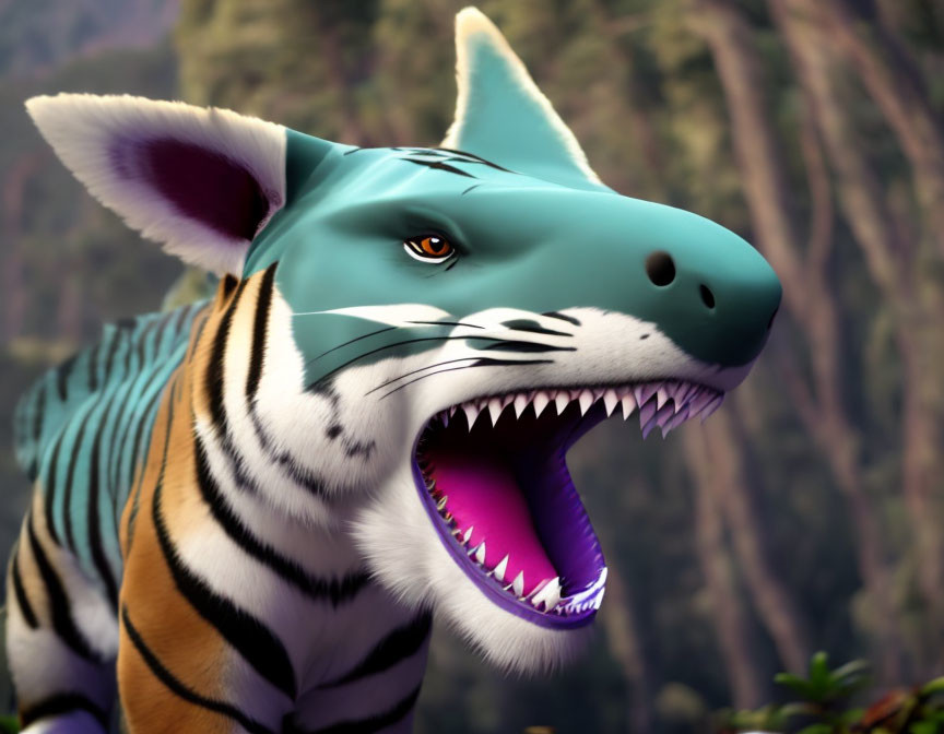 Fantastical creature: Tiger body, shark head, roaring in forest.