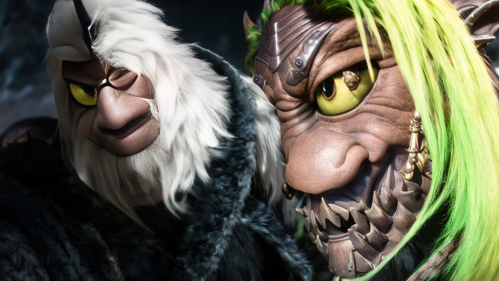 Fantasy creature masks: white fur & green hair with tusks