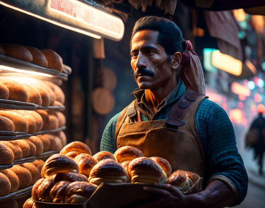Baker showcasing golden-brown breads in warmly lit bakery