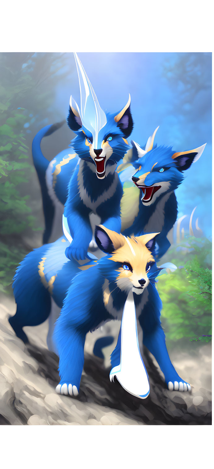 Stylized blue and white canines in misty forest setting