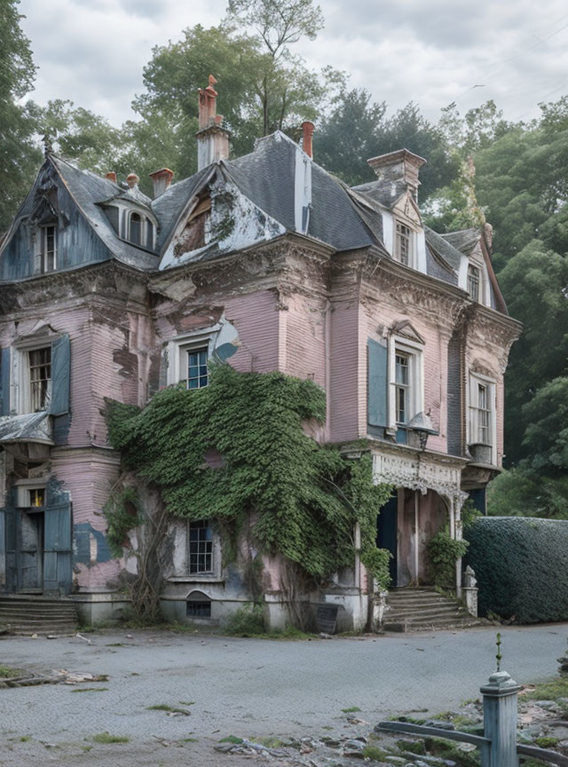 Abandoned pink mansion covered in ivy under cloudy sky