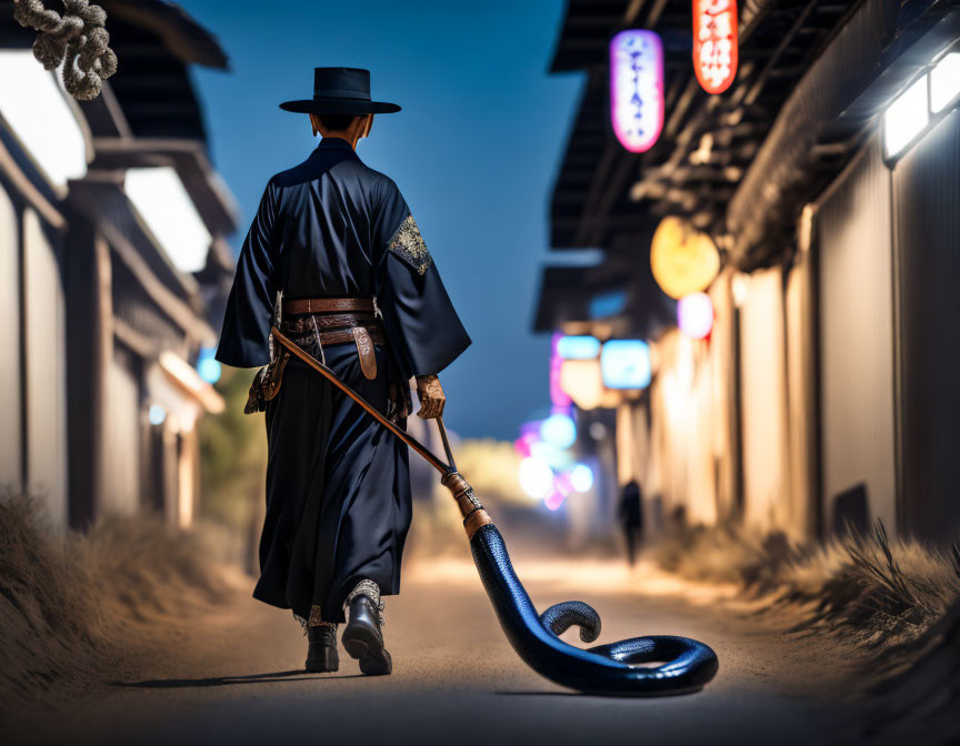 Person in Japanese attire with sword and snake in dimly lit street at dusk