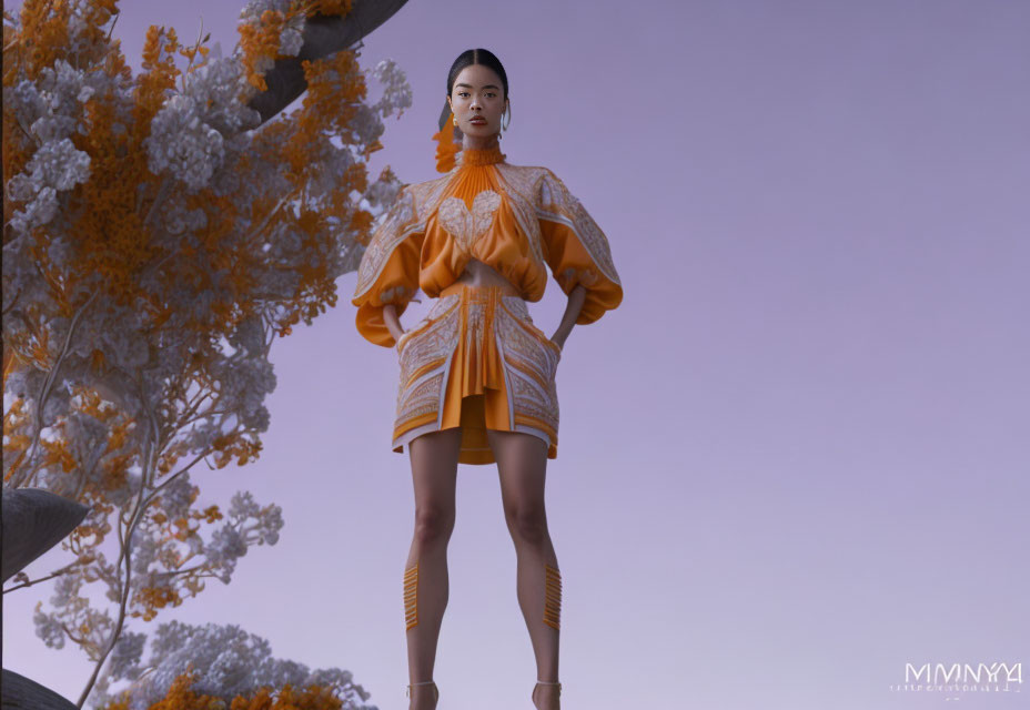 Stylish woman in orange and white outfit under tree with yellow flowers at twilight