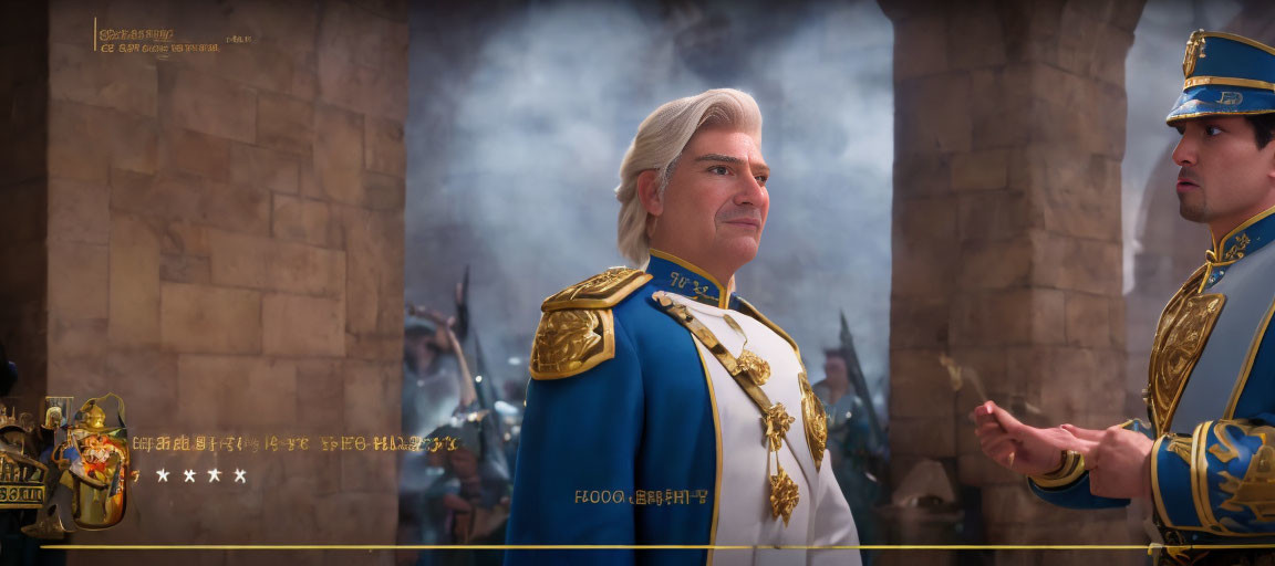 Stylized animated image: Man with white hair in blue and gold military uniform, confidently standing amidst