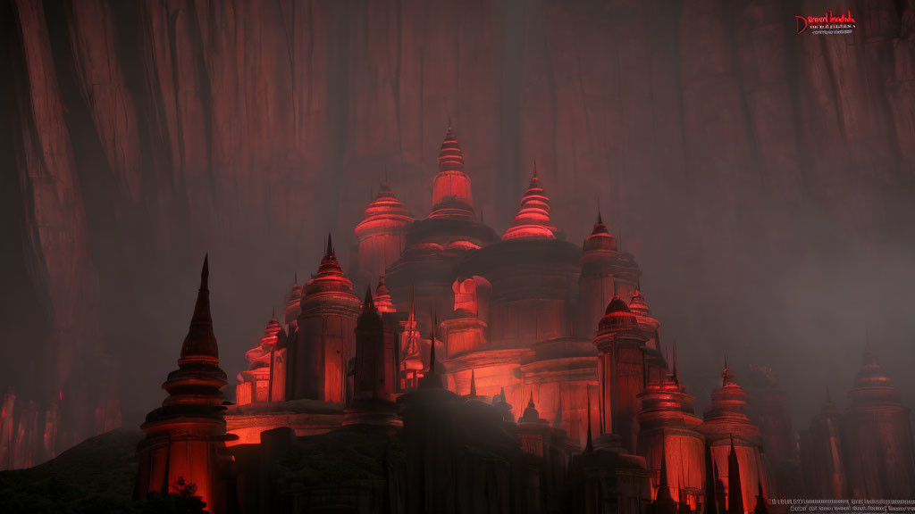 Ancient City with Towering Spires and Pagodas in Red Glow